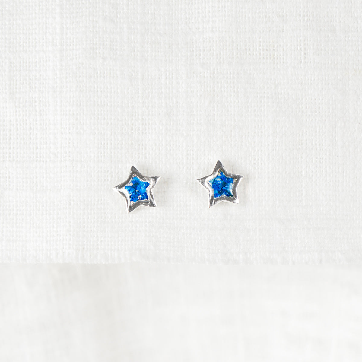 Crushed Blue Flower Star Stud Earrings Sterling Silver