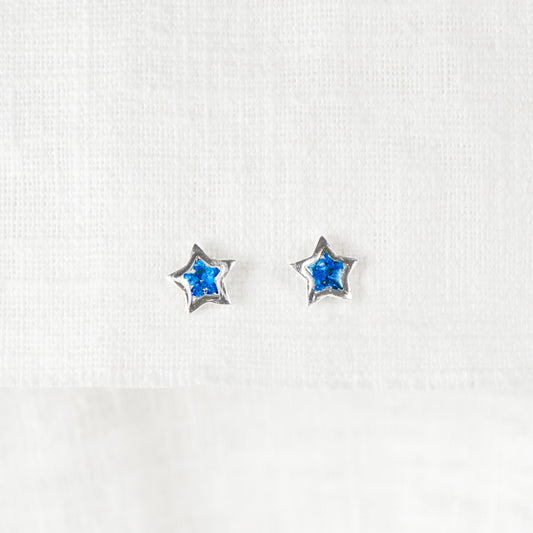 Crushed Blue Flower Star Stud Earrings Sterling Silver