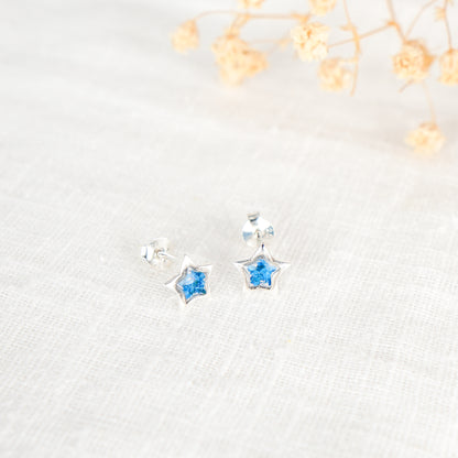 Crushed Blue Flower Star Stud Earrings Sterling Silver