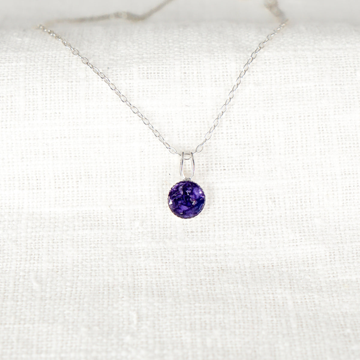 Crushed Violets Dainty Circle Necklace February Birth Flower