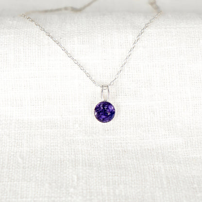 Crushed Violets Dainty Circle Necklace February Birth Flower