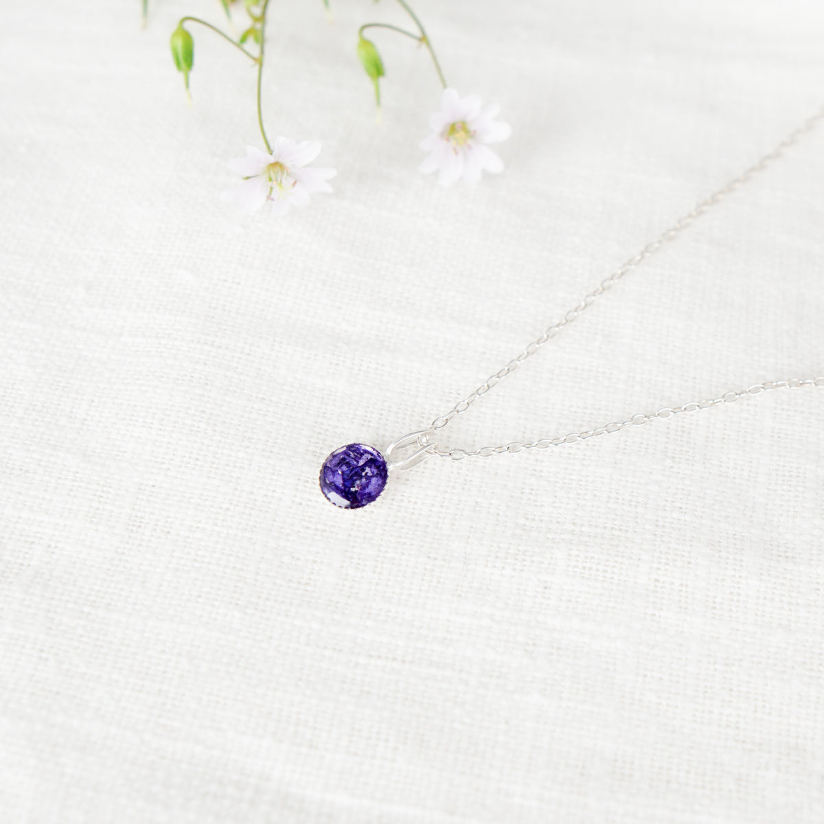 Crushed Violets Dainty Circle Necklace February Birth Flower