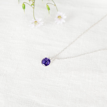Crushed Violets Dainty Circle Necklace February Birth Flower
