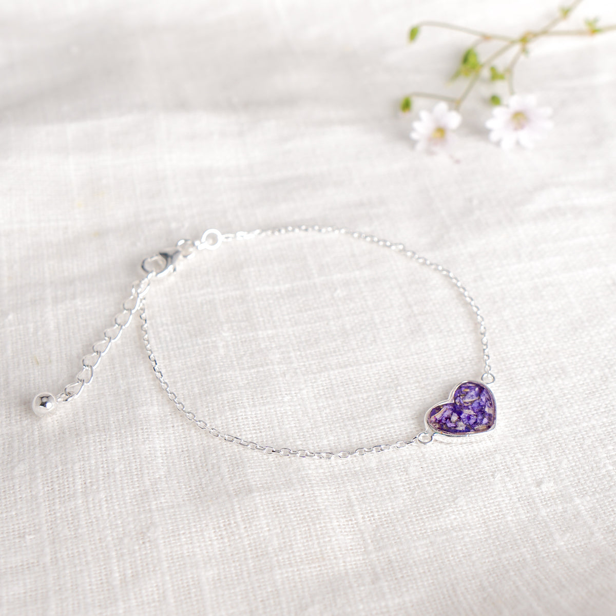 Crushed Violets Heart Bracelet - February Birth Flower