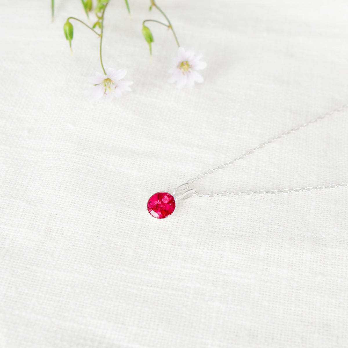 Crushed Carnations Dainty Circle Necklace January Birth Flower