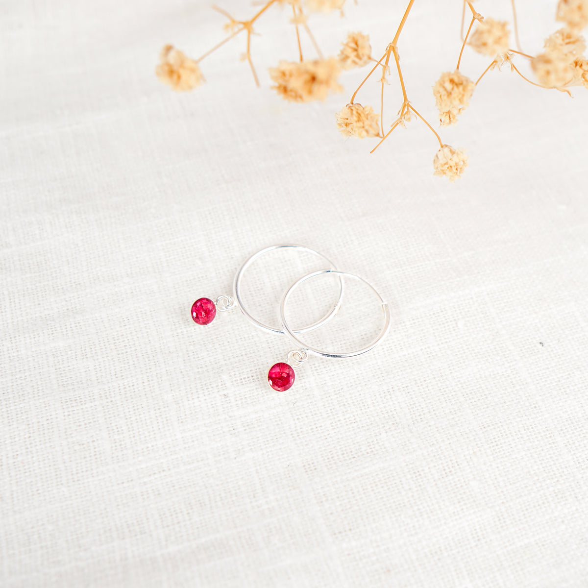 Crushed Carnation Dainty Circle Hoop Earrings January Birth Flower
