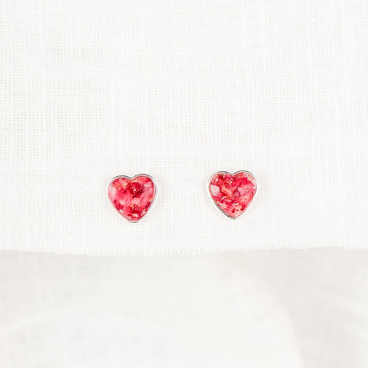 Crushed Carnation Heart Studs - January Birth Flower