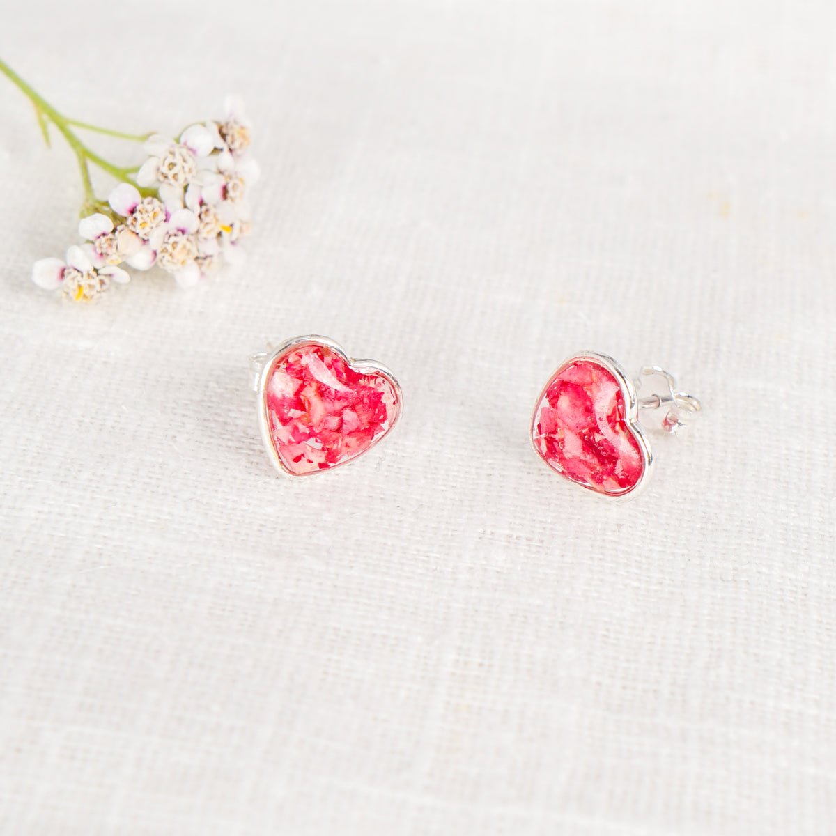 Crushed Carnation Heart Studs - January Birth Flower
