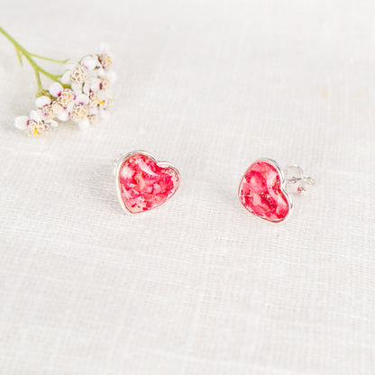 Crushed Carnation Heart Studs - January Birth Flower