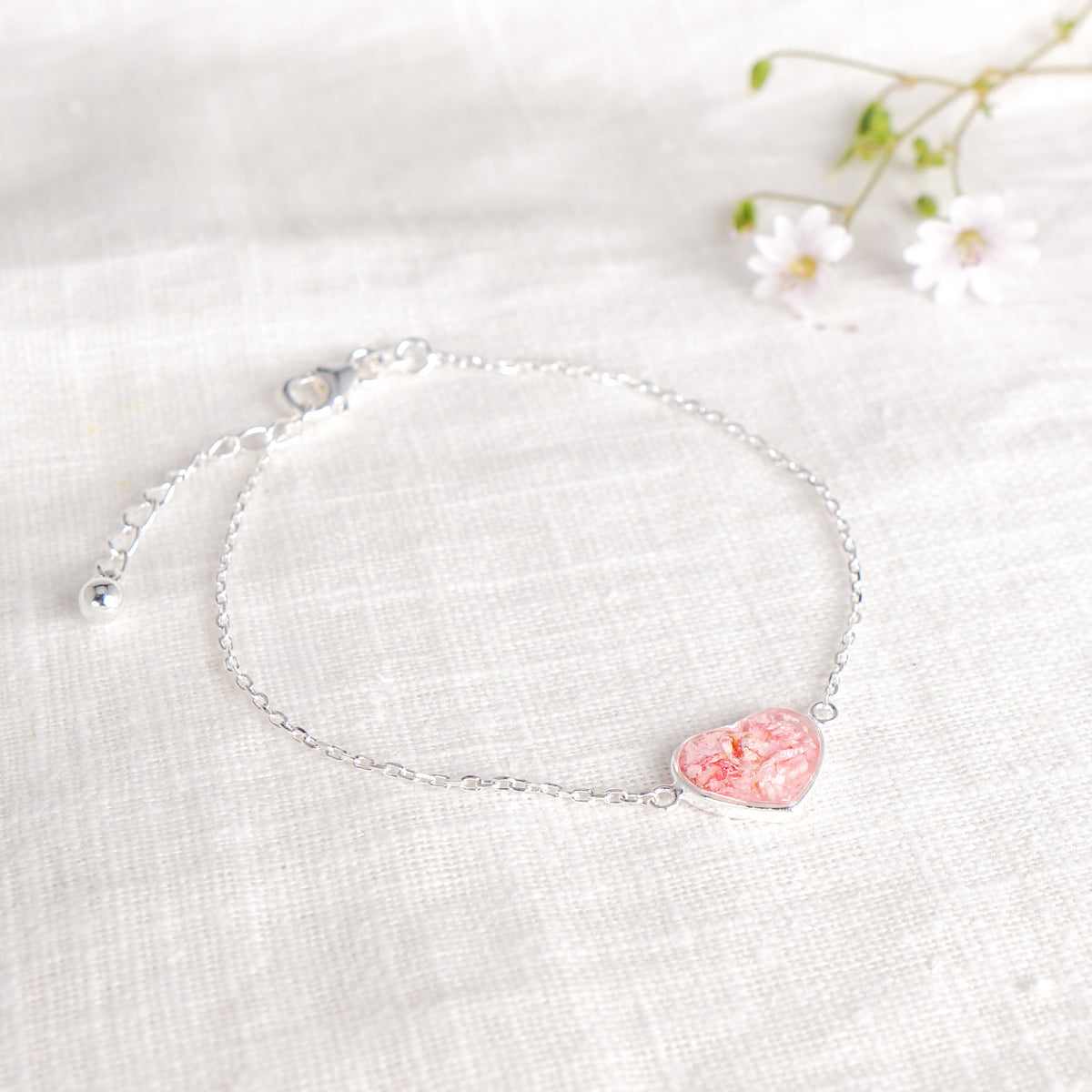 Crushed Larkspur Heart Bracelet - July Birth Flower