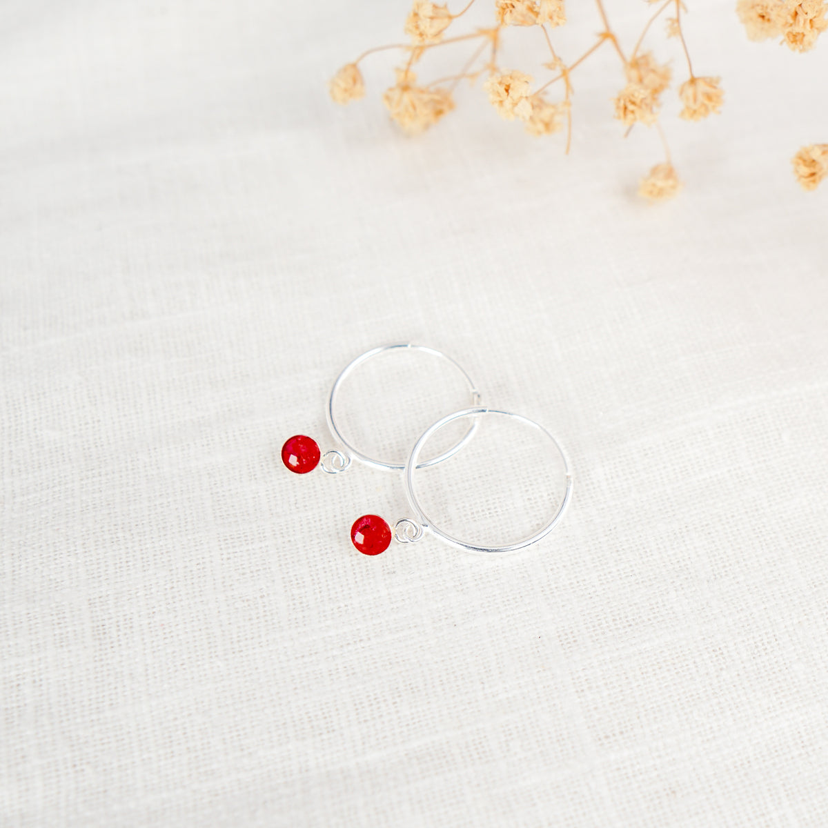 Crushed Rose Dainty Circle Hoop Earrings June Birth Flower