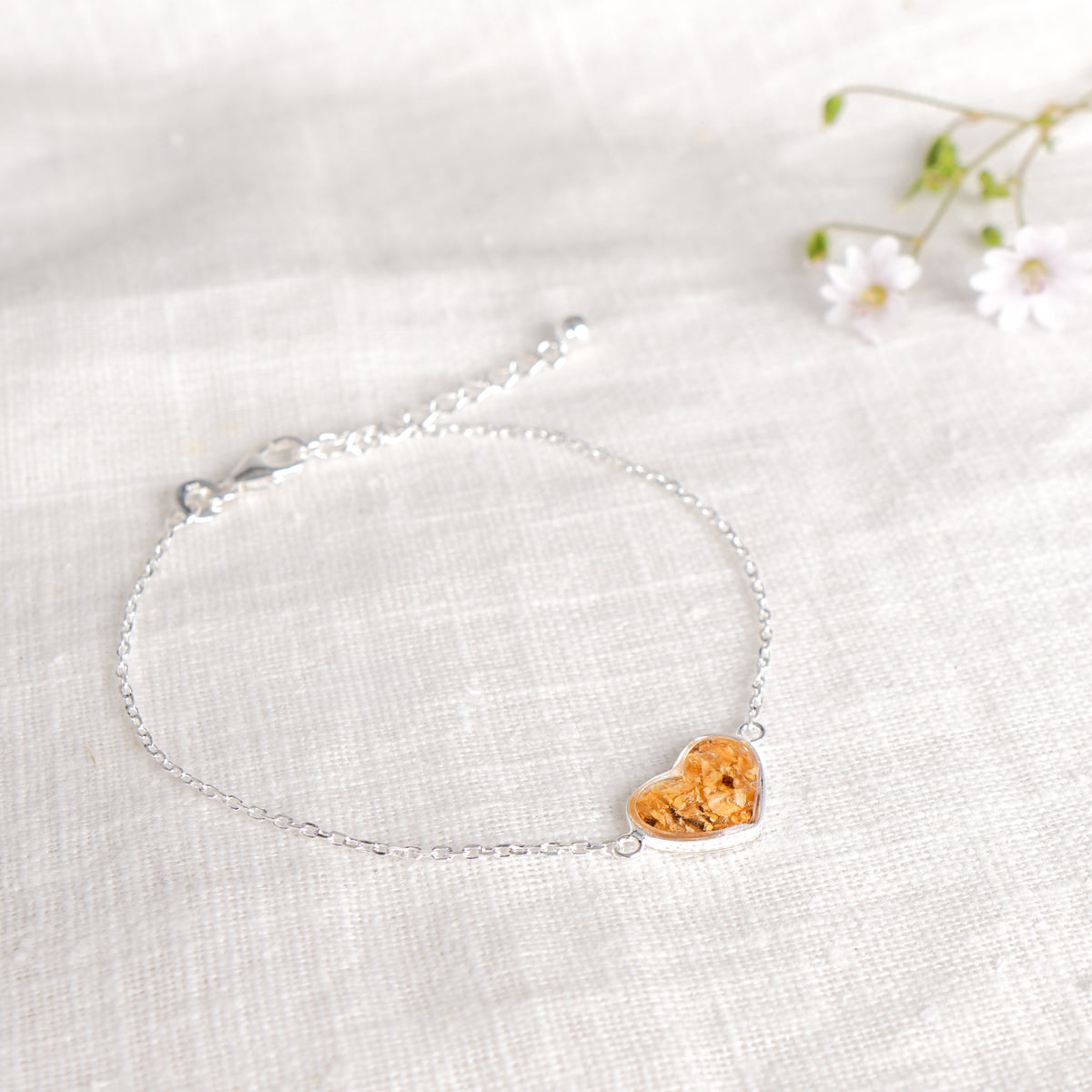Crushed Lily of the Valley Heart Bracelet - May Birth Flower