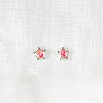 Crushed Pink Flower Star Stud Earrings Sterling Silver