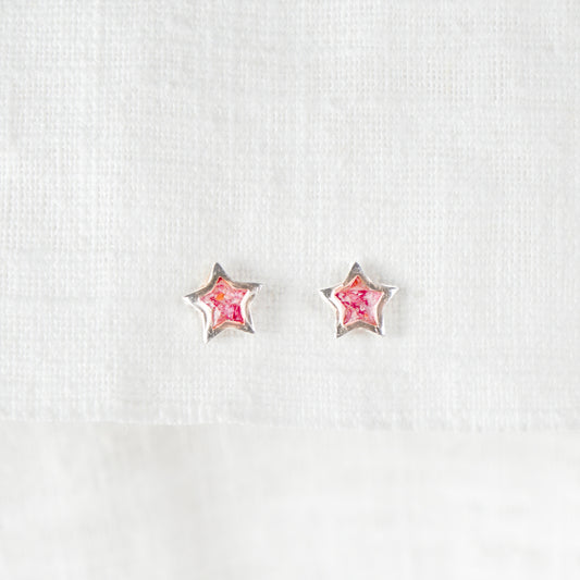 Crushed Pink Flower Star Stud Earrings Sterling Silver