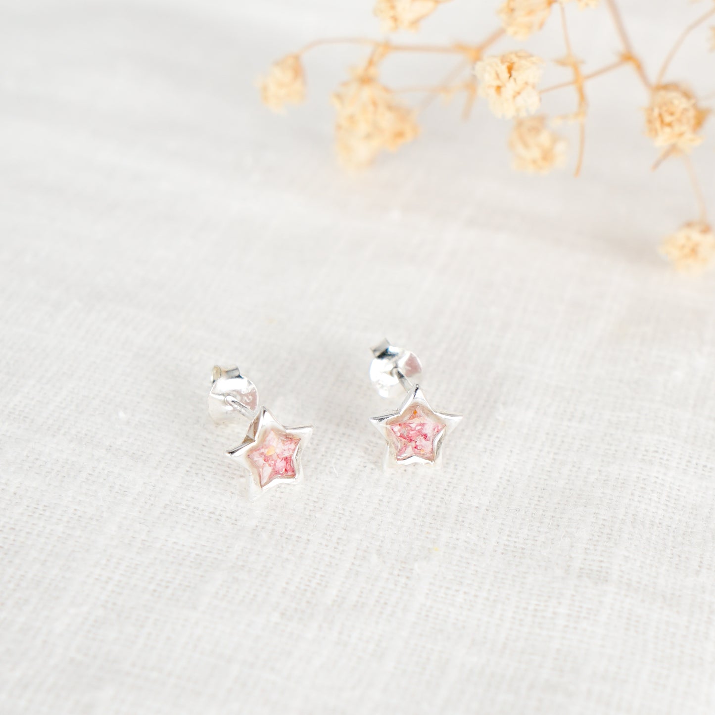 Crushed Pink Flower Star Stud Earrings Sterling Silver