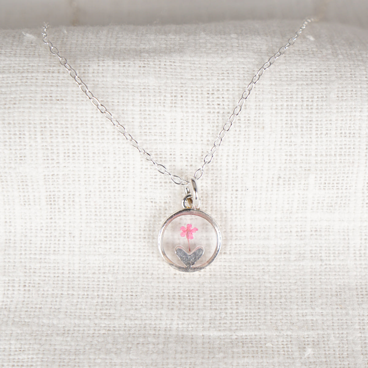 Pink Cow Parsley Heart in Circle Necklace