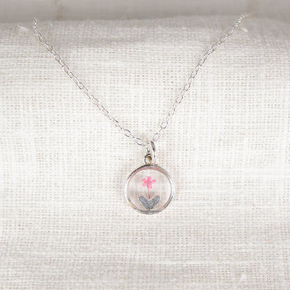 Pink Cow Parsley Heart in Circle Necklace