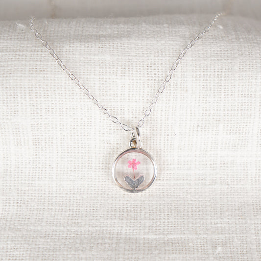 Pink Cow Parsley Heart in Circle Necklace