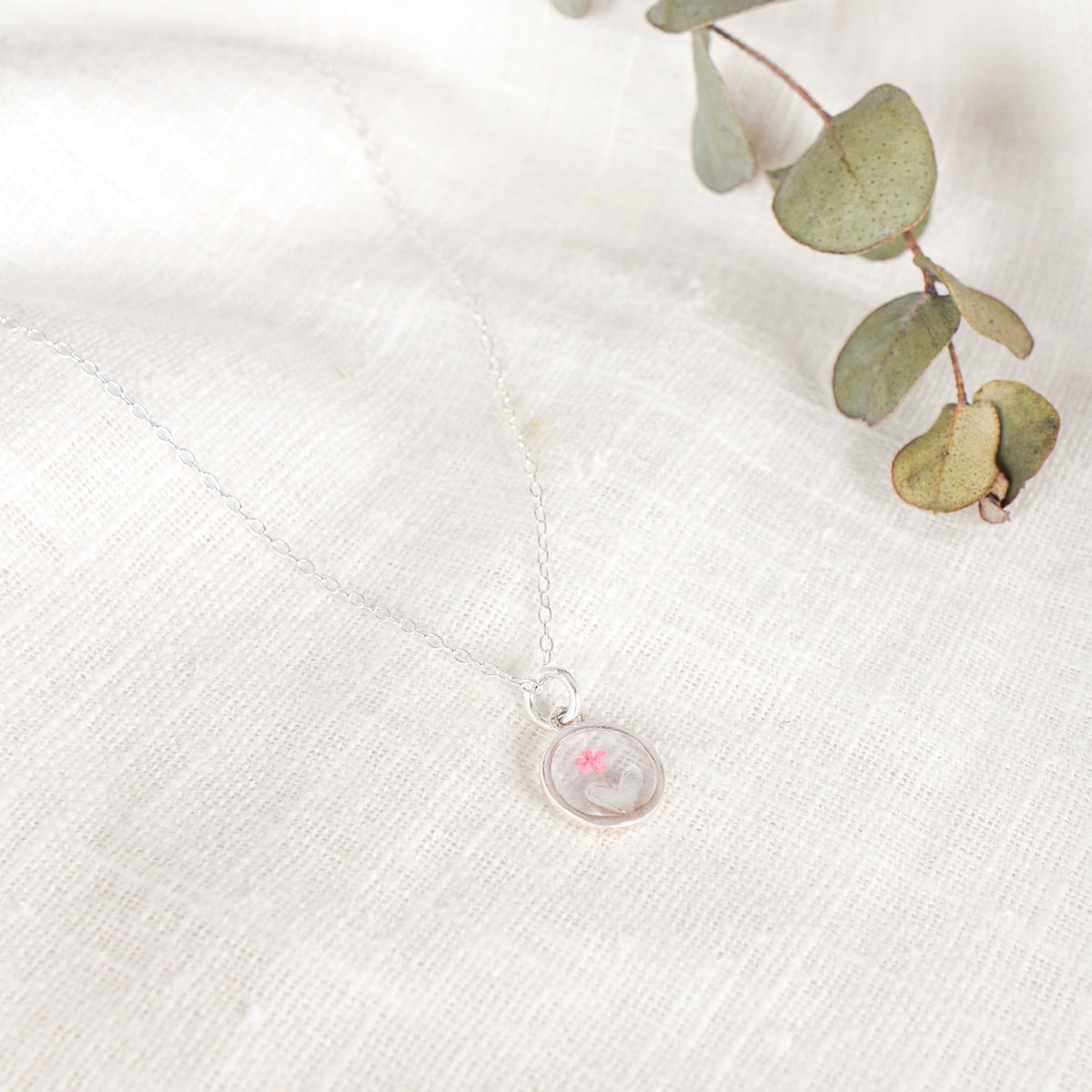 Pink Cow Parsley Heart in Circle Necklace