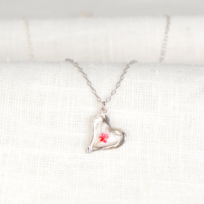 Pink Cow Parsley Hammered Heart Pendant Necklace