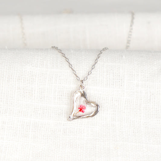 Pink Cow Parsley Hammered Heart Pendant Necklace