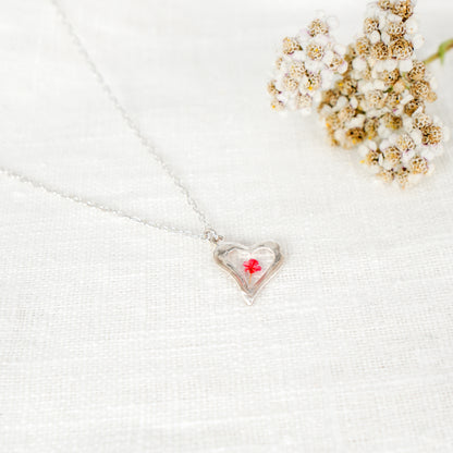 Pink Cow Parsley Hammered Heart Pendant Necklace