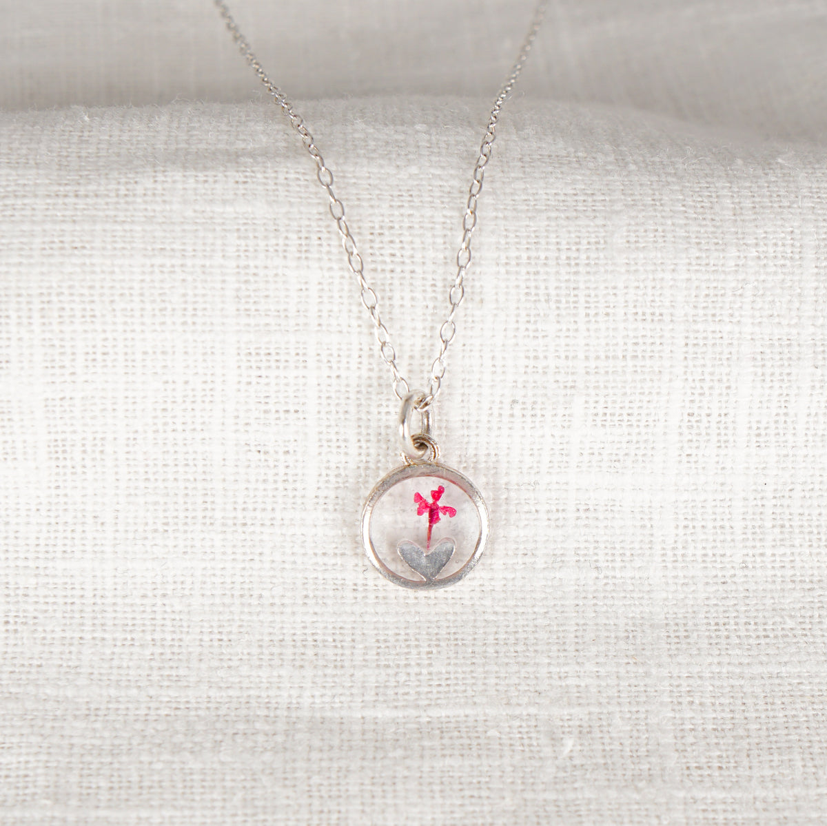 Red Cow Parsley Heart in Circle Necklace