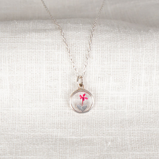Red Cow Parsley Heart in Circle Necklace