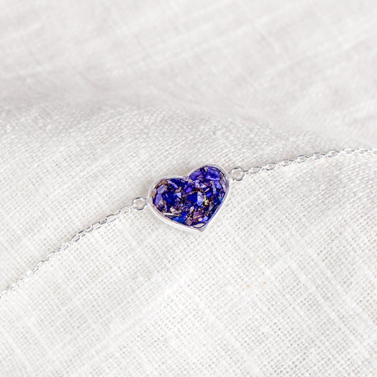 Crushed Aster Heart Bracelet - September Birth Flower