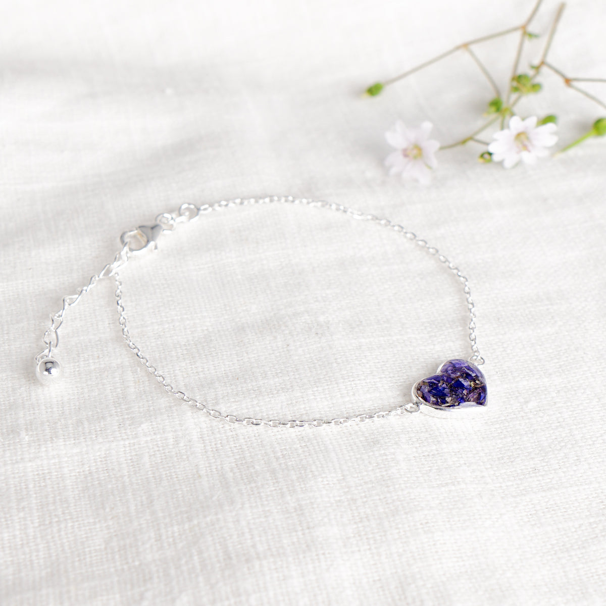 Crushed Aster Heart Bracelet - September Birth Flower